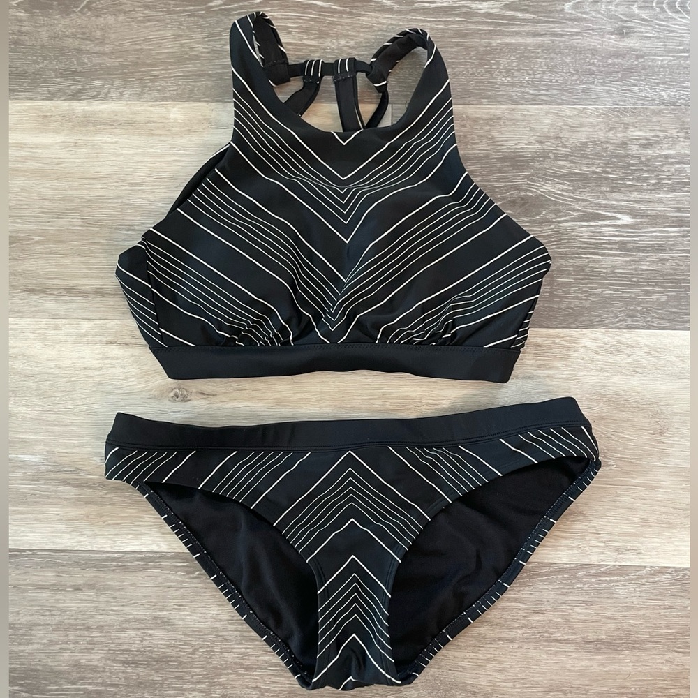 Athleta Black and White Striped High Neck Bikini Set